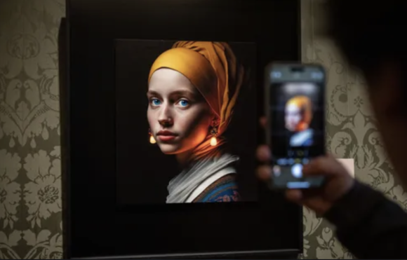 Le 9 mars 2022, un visiteur du musée Mauritshuis de La Haye, aux Pays-Bas, photographie une version de 'La Jeune Fille à la Perle' de Vermeer réalisée par Julian van Dieken, avec l'aide de Photoshop et de Midjourney. ©AFP - Simon Wohlfahrt