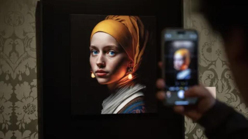 Le 9 mars 2022, un visiteur du musée Mauritshuis de La Haye, aux Pays-Bas, photographie une version de 'La Jeune Fille à la Perle' de Vermeer réalisée par Julian van Dieken, avec l'aide de Photoshop et de Midjourney. ©AFP - Simon Wohlfahrt