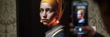 Le 9 mars 2022, un visiteur du musée Mauritshuis de La Haye, aux Pays-Bas, photographie une version de 'La Jeune Fille à la Perle' de Vermeer réalisée par Julian van Dieken, avec l'aide de Photoshop et de Midjourney. ©AFP - Simon Wohlfahrt