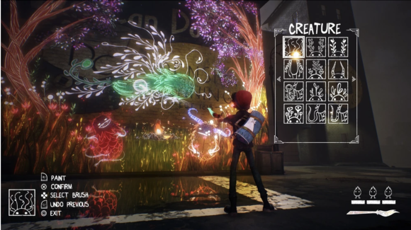 Concrete Genie (Pixelpolus, 2019) un jeu qui permet de décorer la ville de graffitis animés ;  source : https://concretegenie.fandom.com/wiki/Concrete_Genie_Wiki