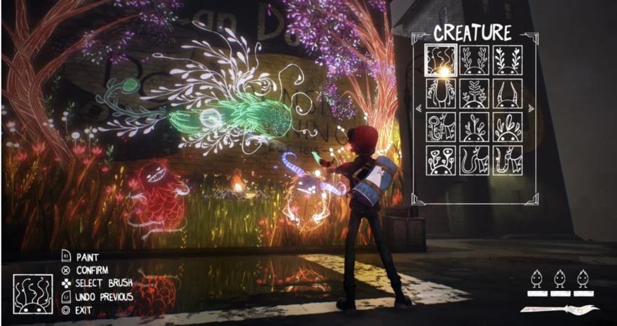 Concrete Genie (Pixelpolus, 2019) un jeu qui permet de décorer la ville de graffitis animés ;  source : https://concretegenie.fandom.com/wiki/Concrete_Genie_Wiki